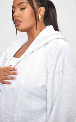 PrettyLittleThing Grey Sweatsuits*Plus Grey Premium Embroidered Oversized Zip Front Hoodie