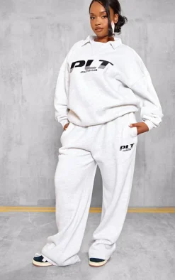Discount PrettyLittleThing Plus Grey Athletics Club Embroidered Wide Leg Sweatpant Ash Grey