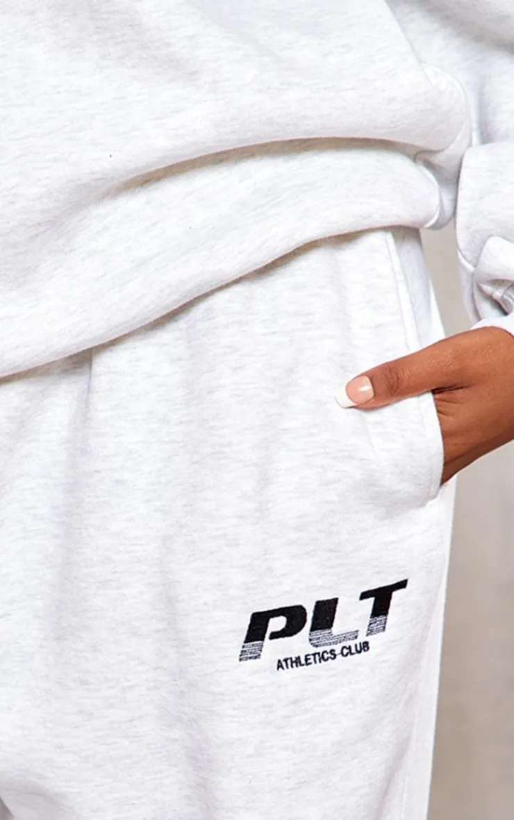Discount PrettyLittleThing Plus Grey Athletics Club Embroidered Wide Leg Sweatpant Ash Grey