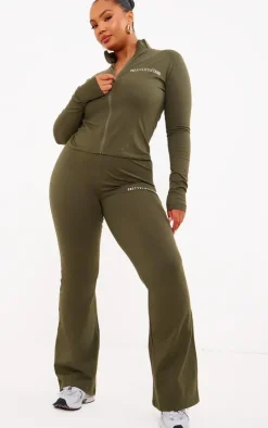 PrettyLittleThing Plus Jersey Zip Through Long Sleeve Top Khaki