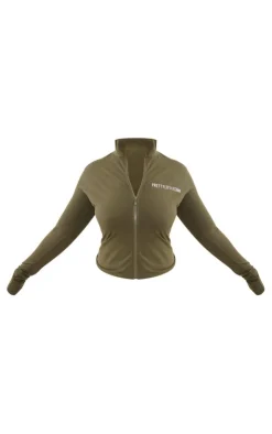 PrettyLittleThing Plus Jersey Zip Through Long Sleeve Top Khaki