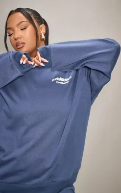 PRETTYLITTLETHING Plus Navy Printed Premium Oversized Sweatshirt