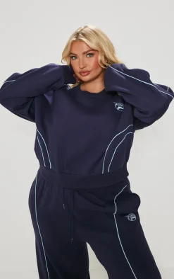 Online PrettyLittleThing Plus Embroidered Contrast Piping Sweatshirt Navy