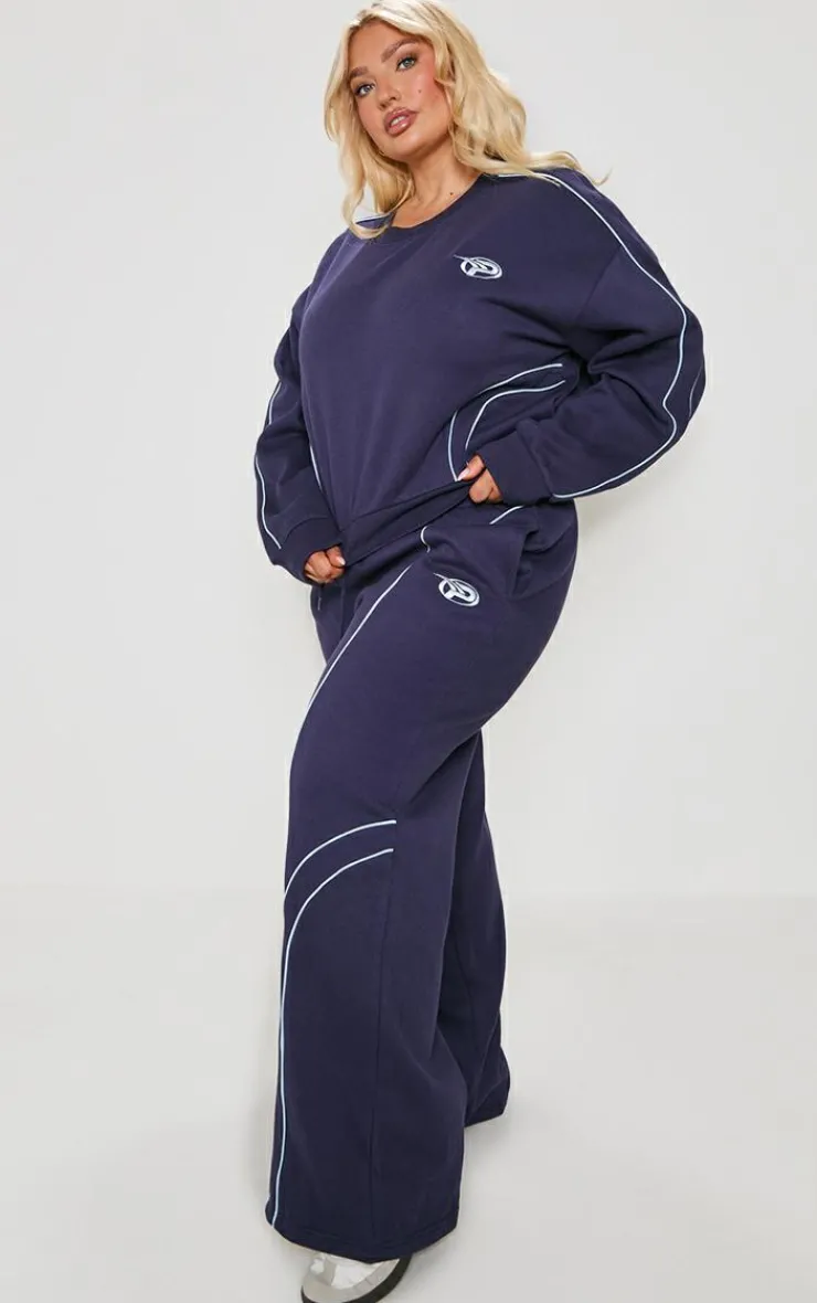 Online PrettyLittleThing Plus Embroidered Contrast Piping Sweatshirt Navy