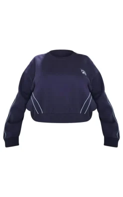 Online PrettyLittleThing Plus Embroidered Contrast Piping Sweatshirt Navy