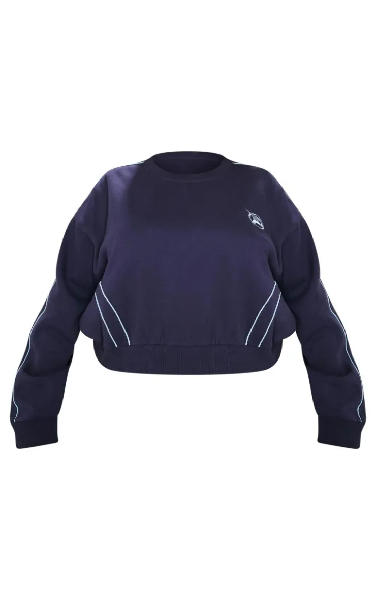 Online PrettyLittleThing Plus Embroidered Contrast Piping Sweatshirt Navy