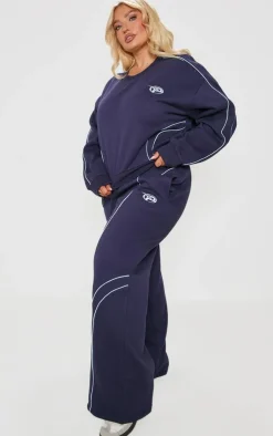 New PrettyLittleThing Plus Embroidered Contrast Piping Straight Leg Sweatpants Navy