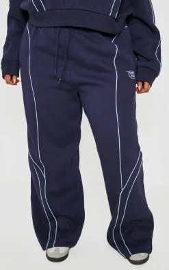 New PrettyLittleThing Plus Embroidered Contrast Piping Straight Leg Sweatpants Navy