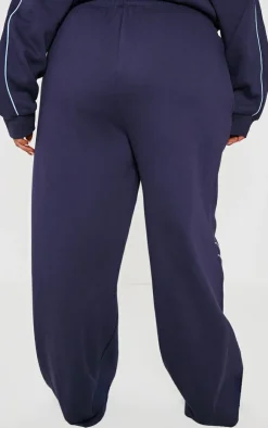 New PrettyLittleThing Plus Embroidered Contrast Piping Straight Leg Sweatpants Navy