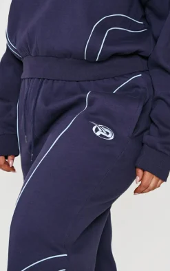 New PrettyLittleThing Plus Embroidered Contrast Piping Straight Leg Sweatpants Navy