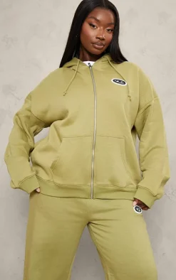 Sale PrettyLittleThing Plus Logo Badge Oversized Zip Through Hoodie Olive