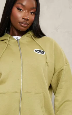 Sale PrettyLittleThing Plus Logo Badge Oversized Zip Through Hoodie Olive