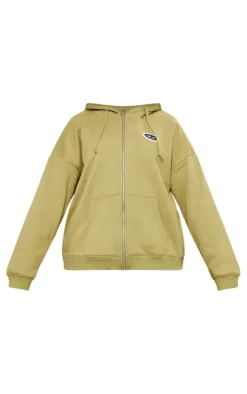 Sale PrettyLittleThing Plus Logo Badge Oversized Zip Through Hoodie Olive