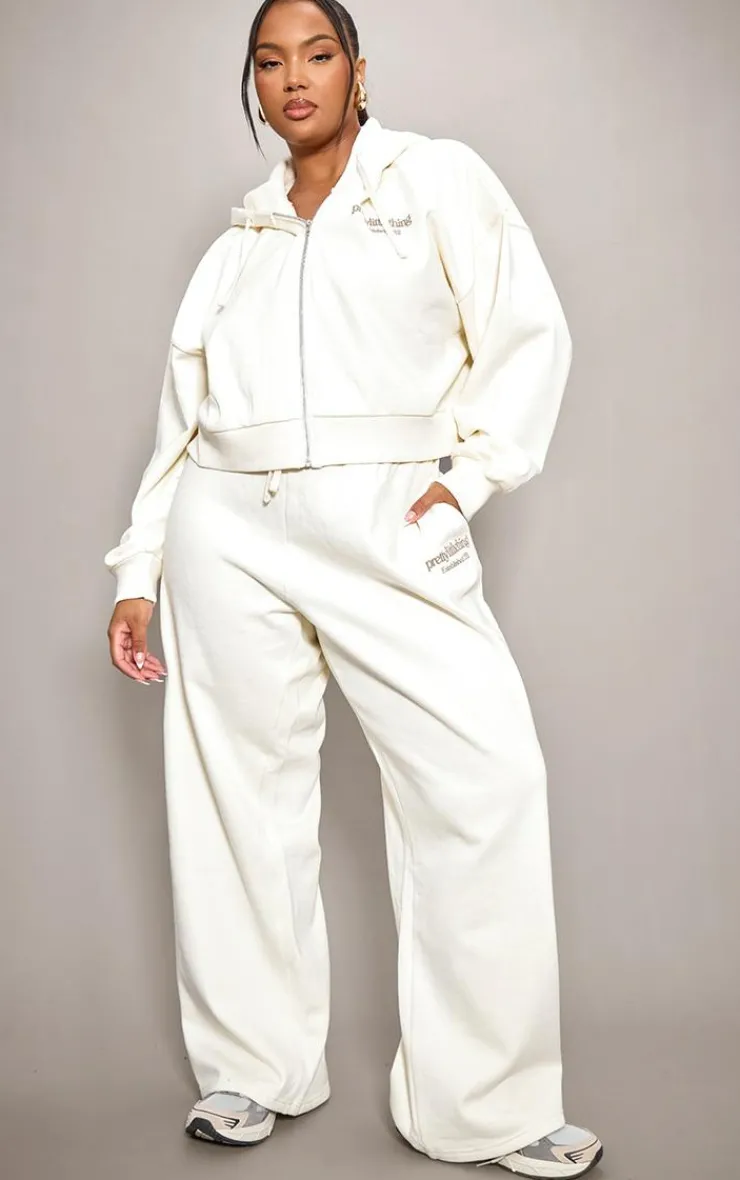 Discount PrettyLittleThing Plus Printed Premium Wide Leg Sweatpants Sand