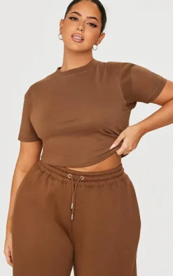 PrettyLittleThing Plus Embroidered Rib Panel T Shirt Taupe