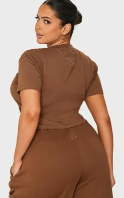 PrettyLittleThing Plus Embroidered Rib Panel T Shirt Taupe