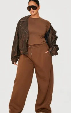 PrettyLittleThing Plus Embroidered Rib Panel T Shirt Taupe