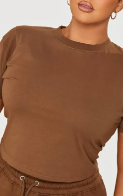 PrettyLittleThing Plus Embroidered Rib Panel T Shirt Taupe