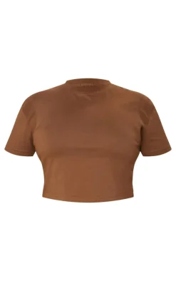 PrettyLittleThing Plus Embroidered Rib Panel T Shirt Taupe