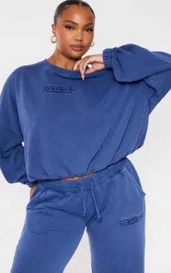 PrettyLittleThing Plus Embroidered Oversized Sweatshirt Washed Blue