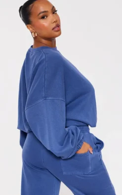 PrettyLittleThing Plus Embroidered Oversized Sweatshirt Washed Blue