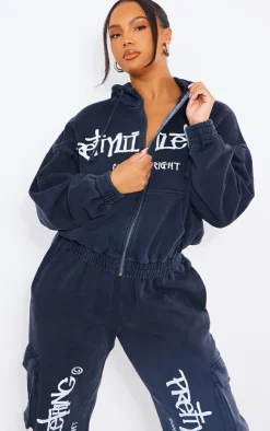 Outlet PrettyLittleThing Plus Zip Up Hoodie Washed Black