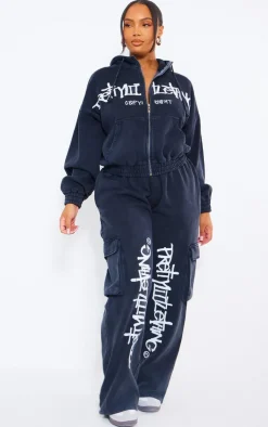 Outlet PrettyLittleThing Plus Zip Up Hoodie Washed Black