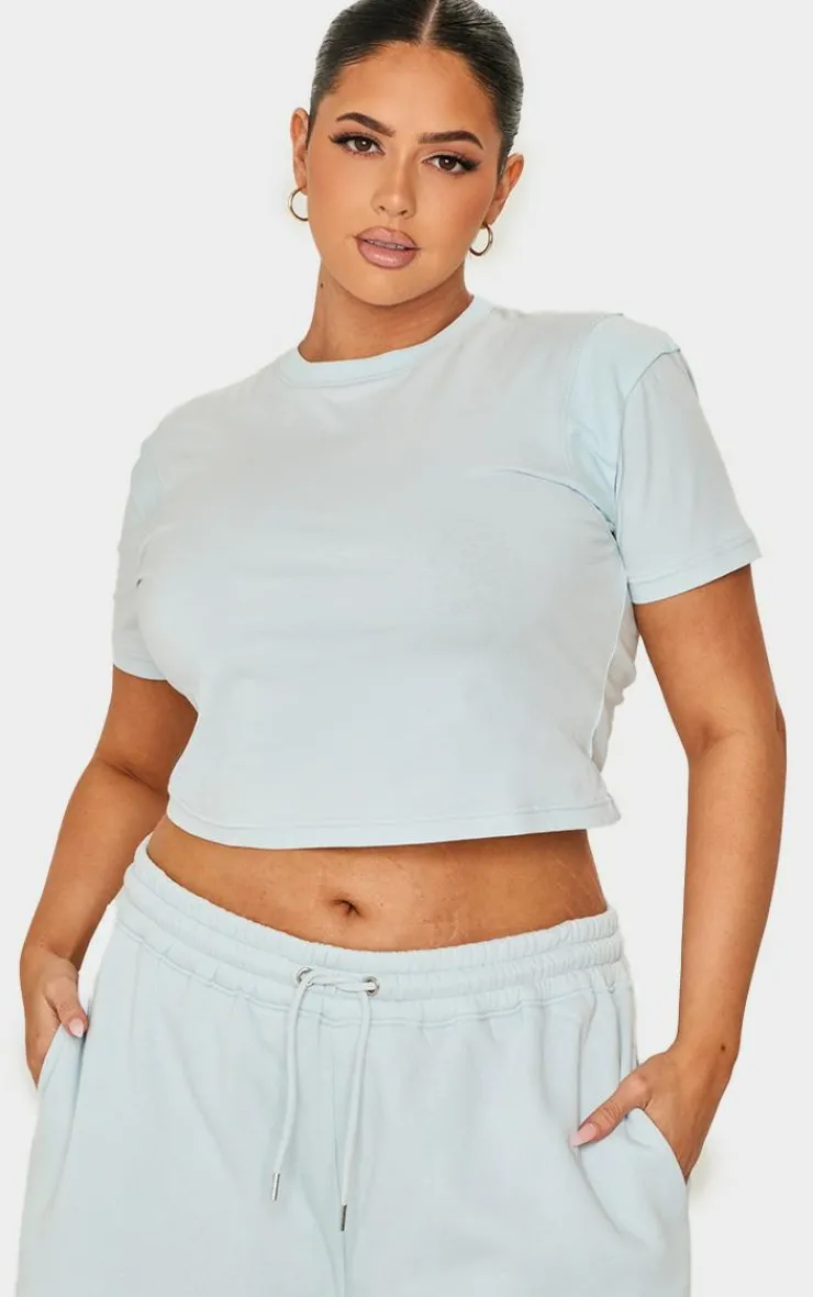 Online PrettyLittleThing Plus Embroidered Rib Panel T Shirt Washed Blue