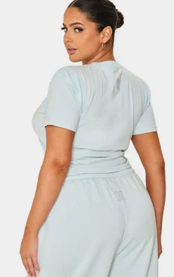 Online PrettyLittleThing Plus Embroidered Rib Panel T Shirt Washed Blue