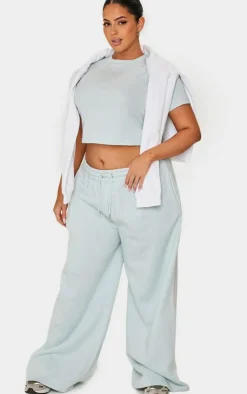 Online PrettyLittleThing Plus Embroidered Rib Panel T Shirt Washed Blue
