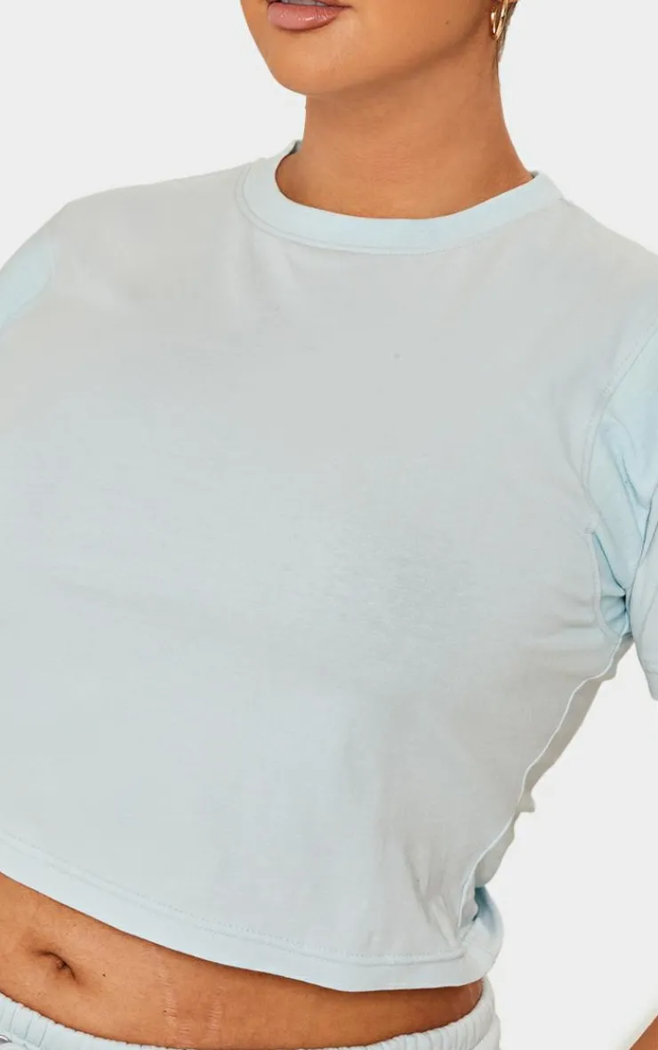 Online PrettyLittleThing Plus Embroidered Rib Panel T Shirt Washed Blue