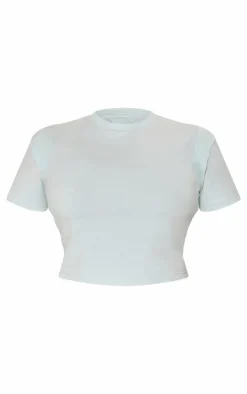 Online PrettyLittleThing Plus Embroidered Rib Panel T Shirt Washed Blue