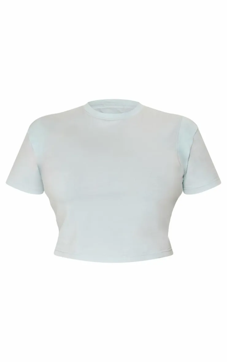 Online PrettyLittleThing Plus Embroidered Rib Panel T Shirt Washed Blue