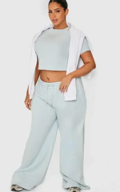 New PrettyLittleThing Plus Embroidered Wide Leg Sweatpants Washed Blue