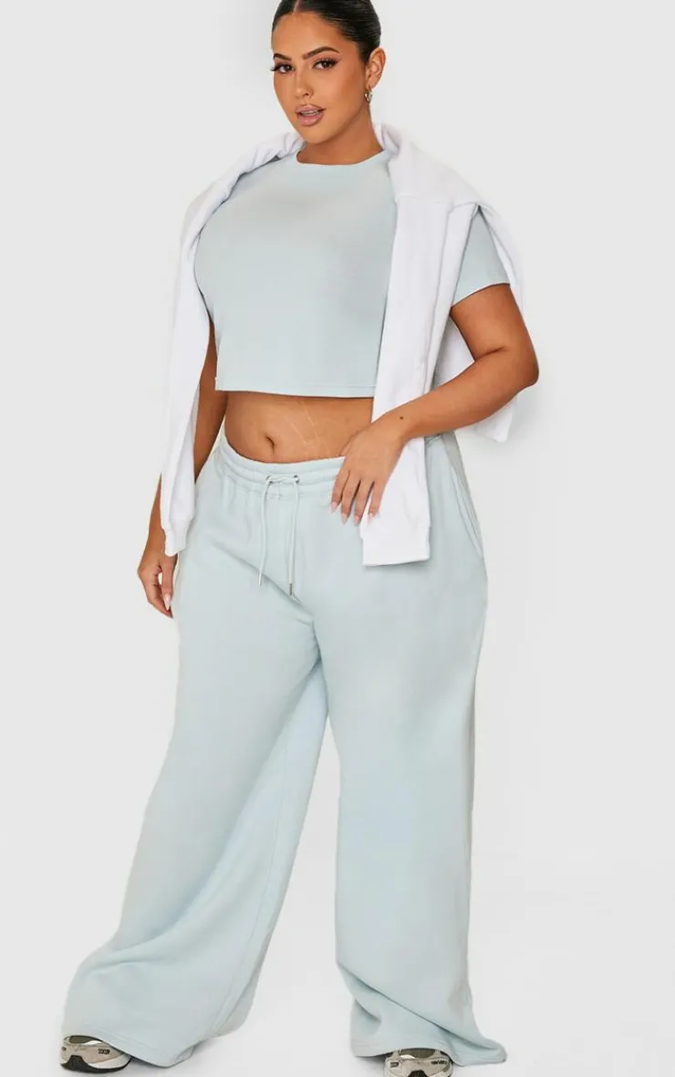 New PrettyLittleThing Plus Embroidered Wide Leg Sweatpants Washed Blue