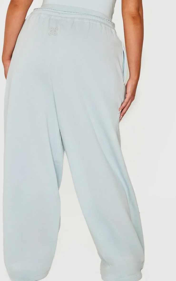 New PrettyLittleThing Plus Embroidered Wide Leg Sweatpants Washed Blue