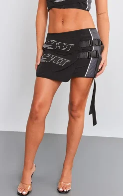 Clearance PrettyLittleThing Premium Motocross Wrap Buckle Front Micro Mini Skirt Black