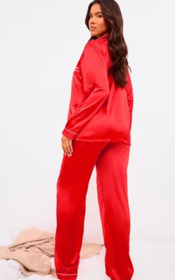 PrettyLittleThing Christmas Pajamas*Contrast Piping Satin Long PJ Set