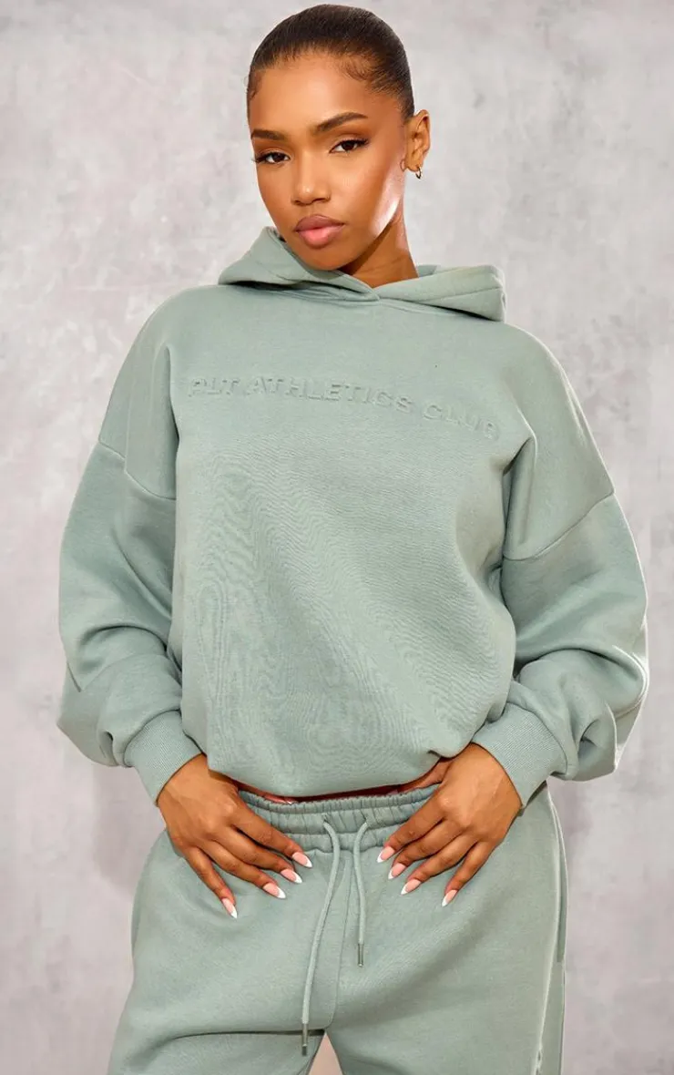 Online PrettyLittleThing Athletics Club Embossed Graphic Oversized Hoodie Sage