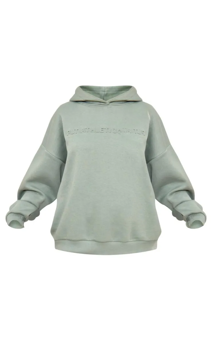 Online PrettyLittleThing Athletics Club Embossed Graphic Oversized Hoodie Sage