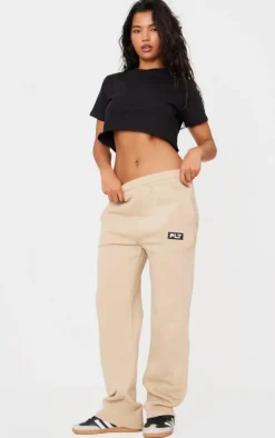 New PrettyLittleThing Badge Detailed Straight Leg Sweatpants Sand