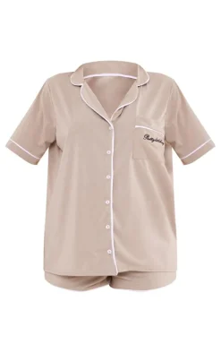 PRETTYLITTLETHING Sand Embroidered Jersey Piping Detail Short PJ Set