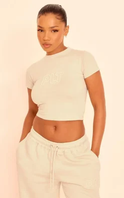 Discount PrettyLittleThing Embroidered Fitted T Shirt Sand