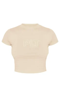 Discount PrettyLittleThing Embroidered Fitted T Shirt Sand