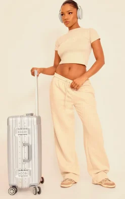 Discount PrettyLittleThing Embroidered Wide Leg Sweatpants Sand
