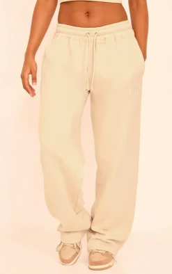 Discount PrettyLittleThing Embroidered Wide Leg Sweatpants Sand