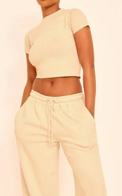Discount PrettyLittleThing Embroidered Wide Leg Sweatpants Sand