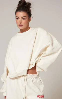 PrettyLittleThing Cream Sweatsuits*Premium Studio Print Boxy Sweatshirt