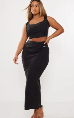 Clearance PrettyLittleThing Shape Heavy Rib Badge Lettuce Hem Maxi Skirt Black