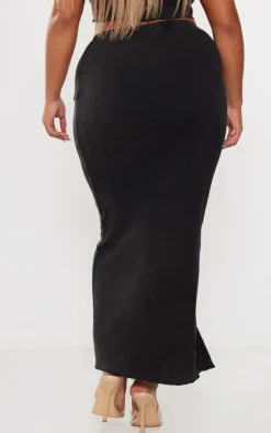 Clearance PrettyLittleThing Shape Heavy Rib Badge Lettuce Hem Maxi Skirt Black